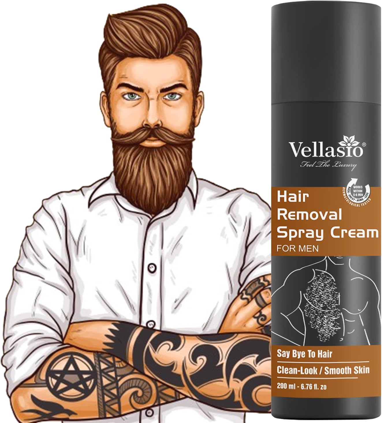 VELLASIO Hair Removal Spray Cream for Men, Chest, Back, Legs & Underarms, Sulphate & Paraben-Free, 200ml