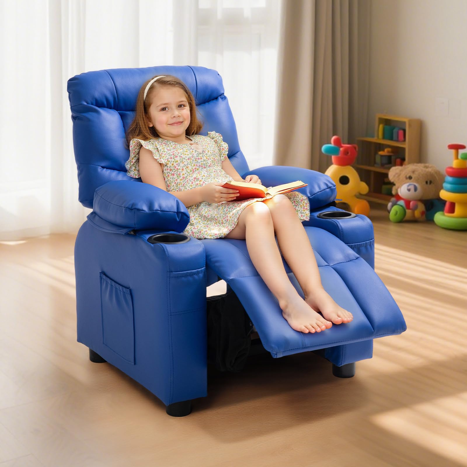 VEVOR Fauteuil inclinable pour enfants, chaise relax ergonomique avec 2 porte-gobelets, 4 poches et repose-pieds, dossier réglable 107°-126°, en cuir PU facile à nettoyer, pour chambre d’enfants, bleu