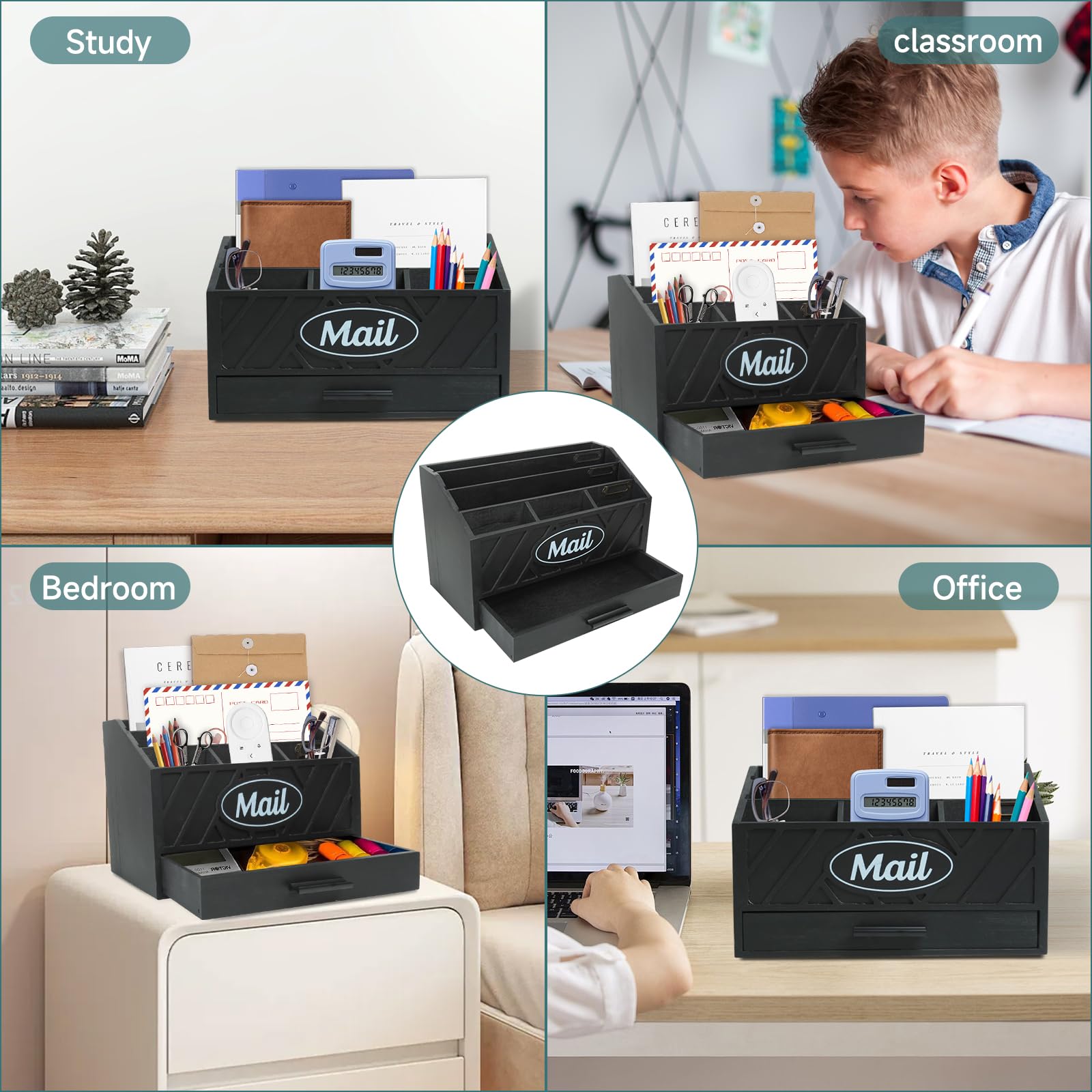 Organizzatore di Posta da Scrivania in Legno con 6 scomparti e cassetto, Organizzatore per Cartelle di Carta e Lettere, Organizer per Cartelle per Scrivania per Lettere Cancelleria, Nero