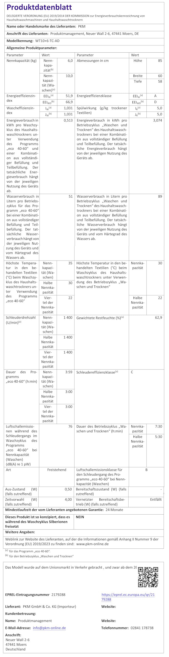PKM Waschtrockner WT10+6-TC-AD | Waschkapazität 10 kg | 6 kg Trocknerkapazität