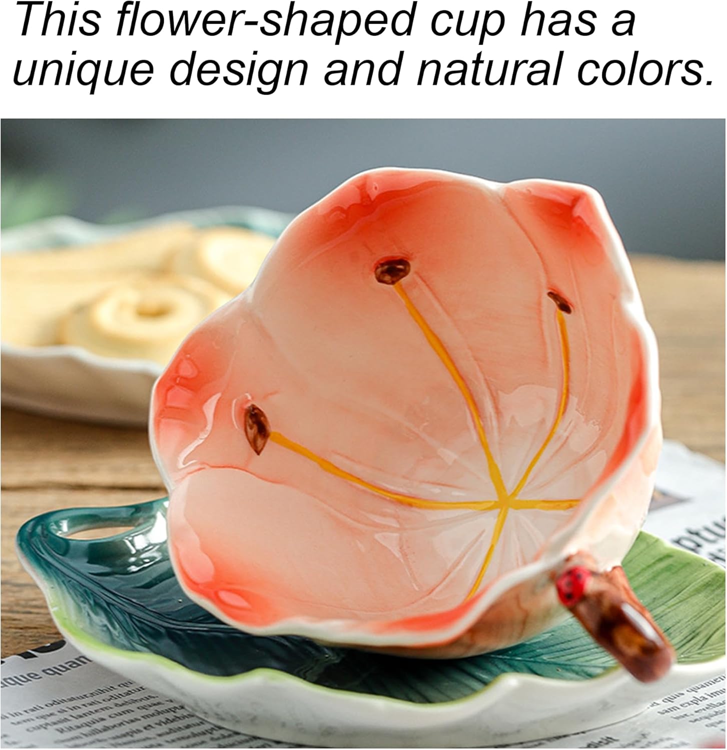 3D Ceramic Tea Cup and Saucer Set, Flower Coffee Mug Tea Cups with Spoon, Vintage Floral Tea Cups with Decorative Handle for Afternoon Tea Weddings and Home Decor (Red)