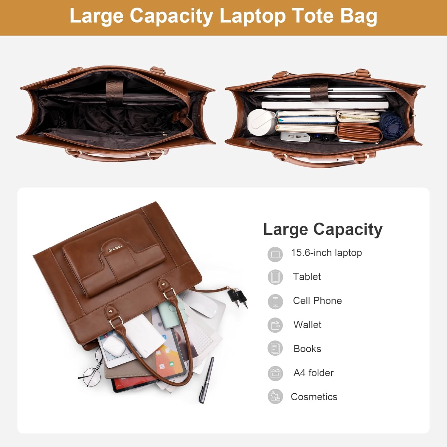 MOSISO Laptop Tote Bag for Women, 15.6 inch PU Leather Tote Crossbody Handbag with Laptop Compartment, Large Capacity Waterproof Shoulder Computer Bag for Teacher College Work Business Office, Brown