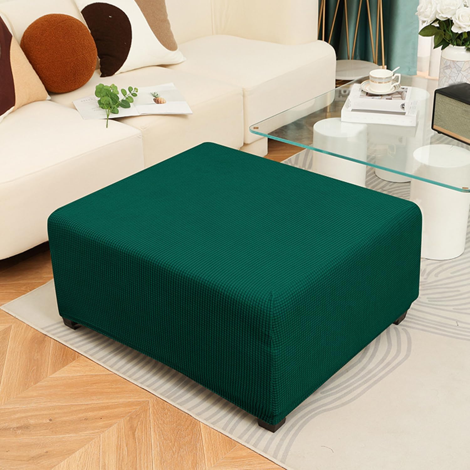 Green,S, Stretch Ottoman Cover Square Foot Stool Cover with Elastic Bottom Non Slip Velvet Ottoman Slipcover Removable Soft Ottomans Footstool Protector Cover Dustproof