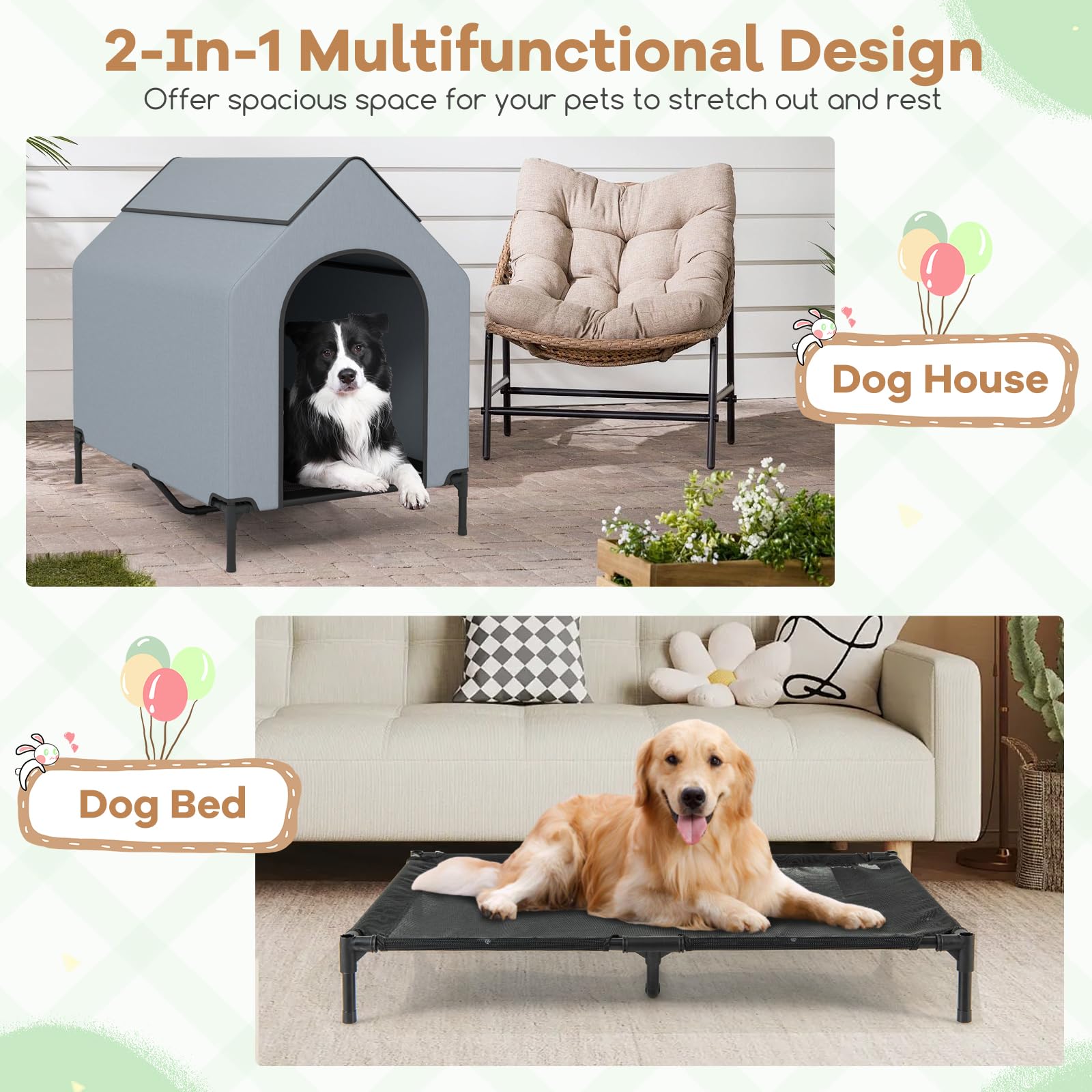 GOPLUS 2 en 1 Niche Surélevée pour Chien, Tente Résistant aux Intempéries avec Fenêtres Ventilées, Lit en Tissu Maillé, Intérieur Extérieur (M)