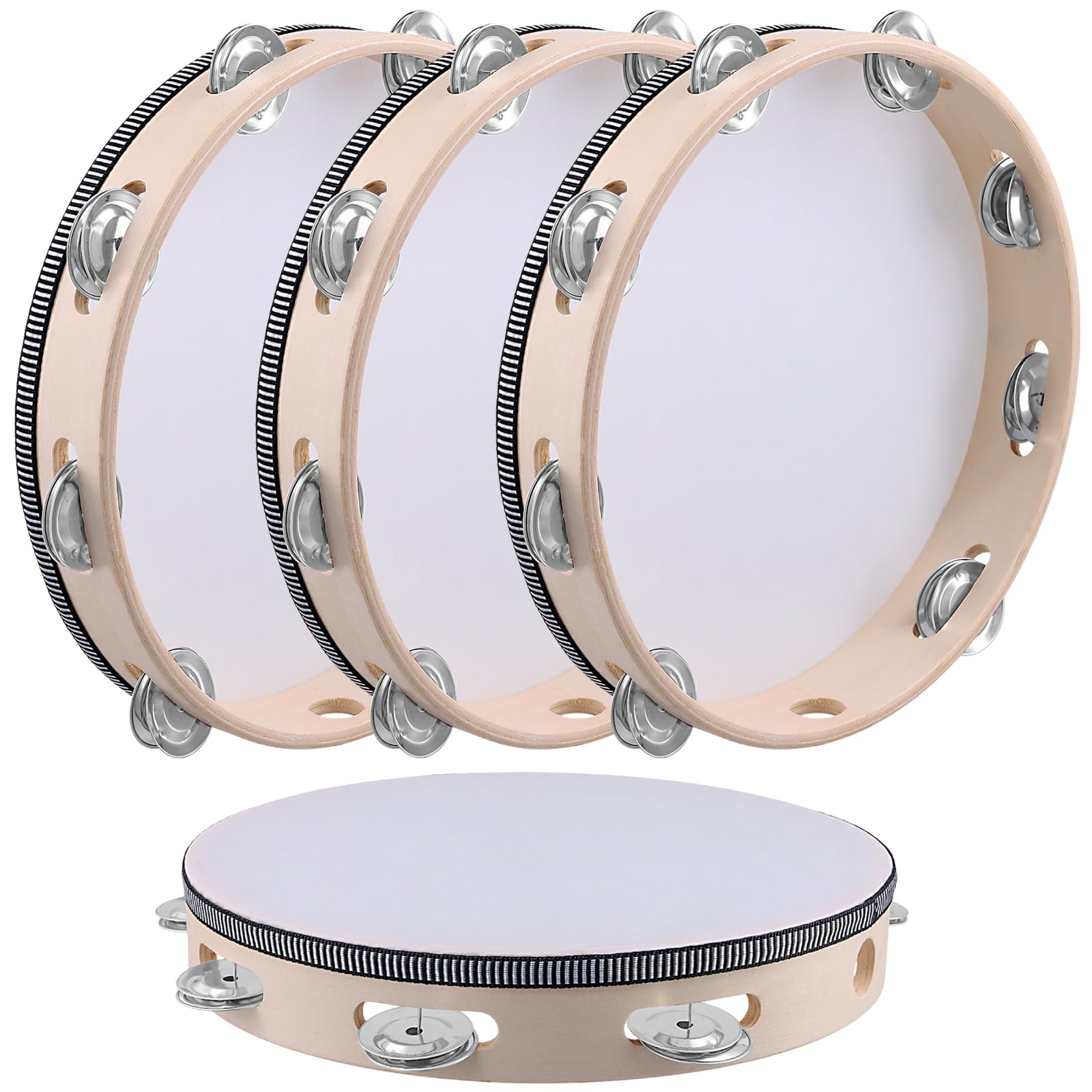 Lot de 4 tambourins en bois pour église, karaoké, éducation musicale - Beige - 25 cm