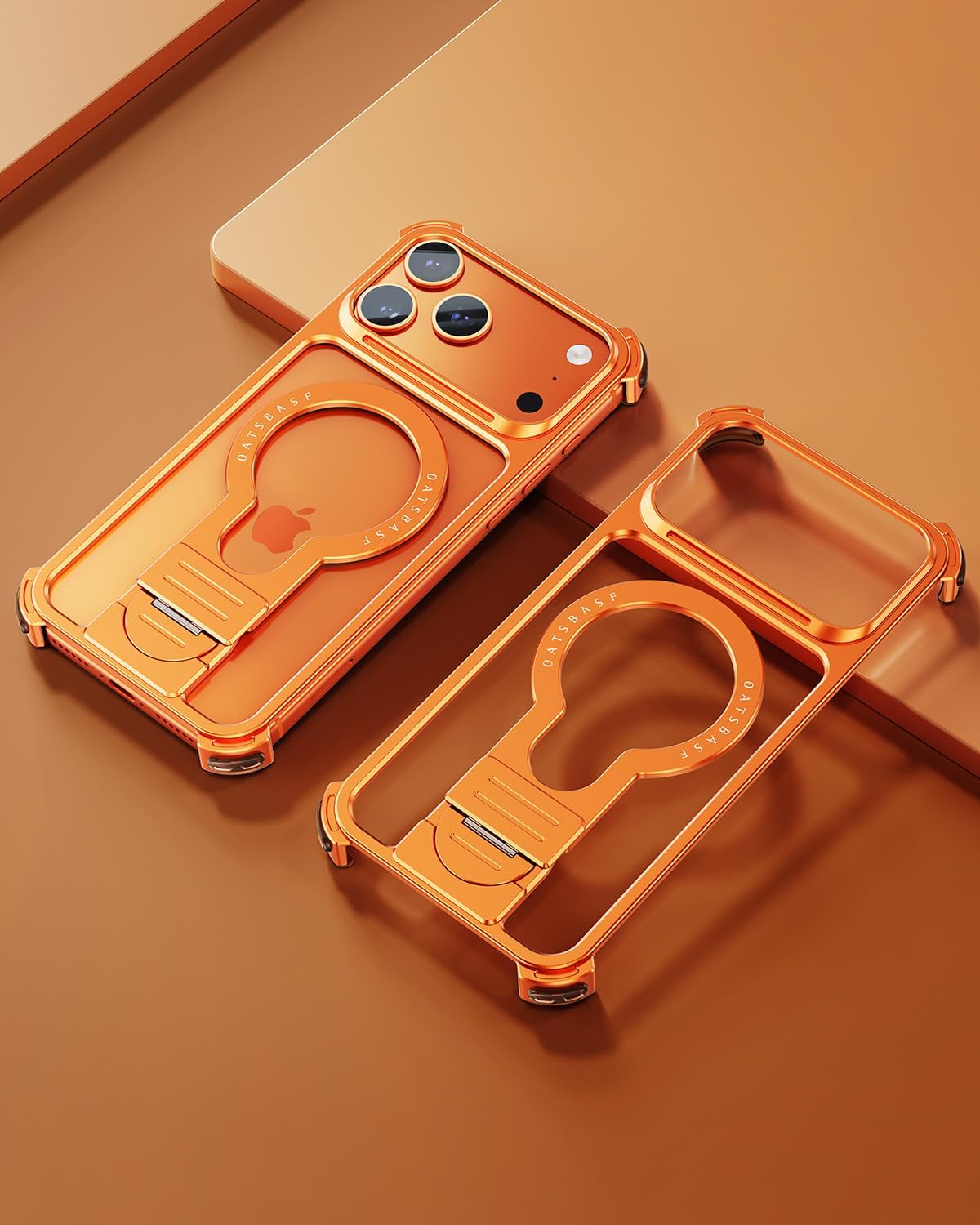 OATSBASF Metal Frameless Case for iPhone 17 Pro Max, Minimalist Design with 360° Rotating Stand, Magnetic Compatible Shockproof Bumper Cover, Orange