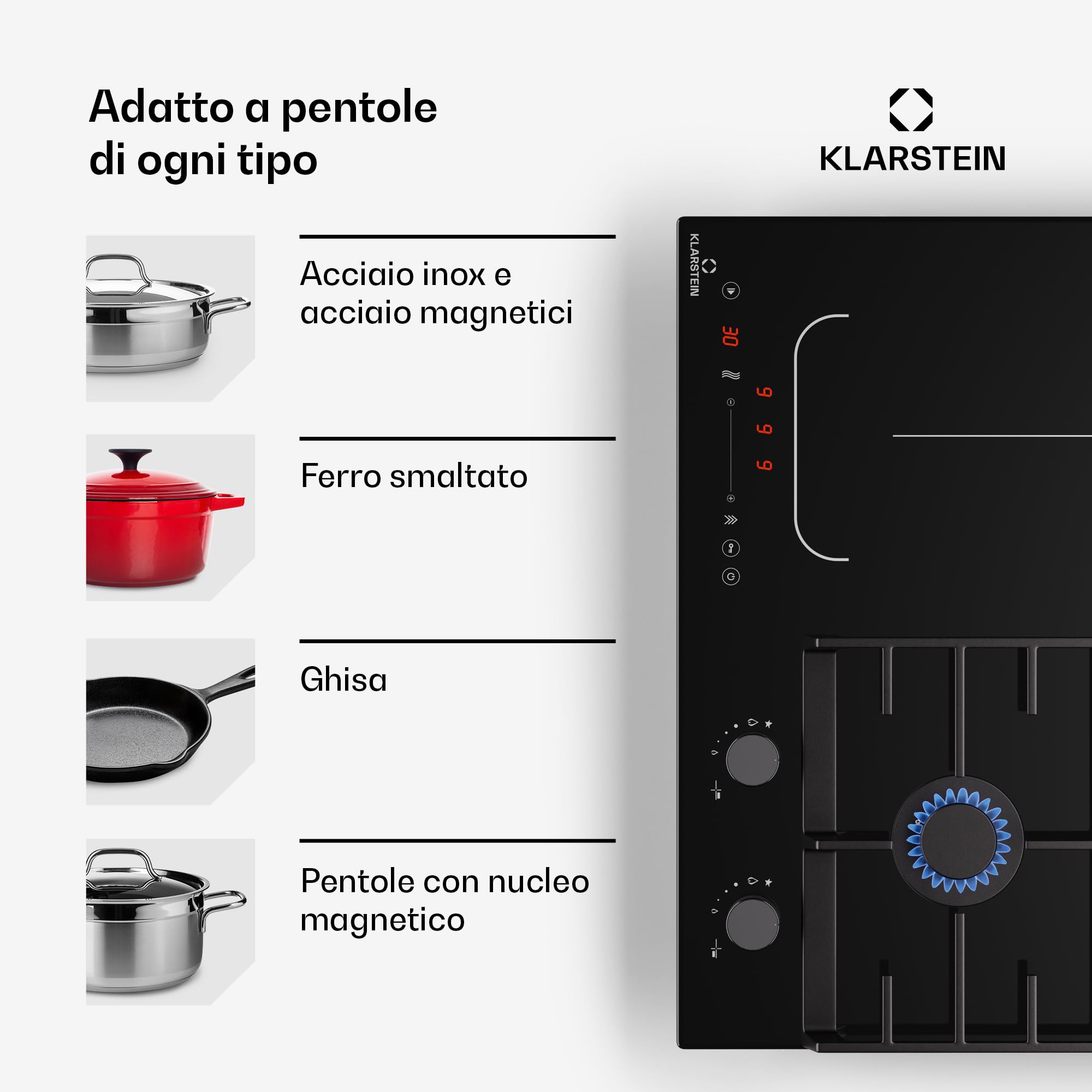 Klarstein MultiChef 4 - Piano Cottura A Induzione E Gas, 4 Zone, 2 Gas & 2 Induzione, Flexzone, Controllo Con Cursore, Stop&Go, Timer, Nero, 58,5 Cm, Design Compatto
