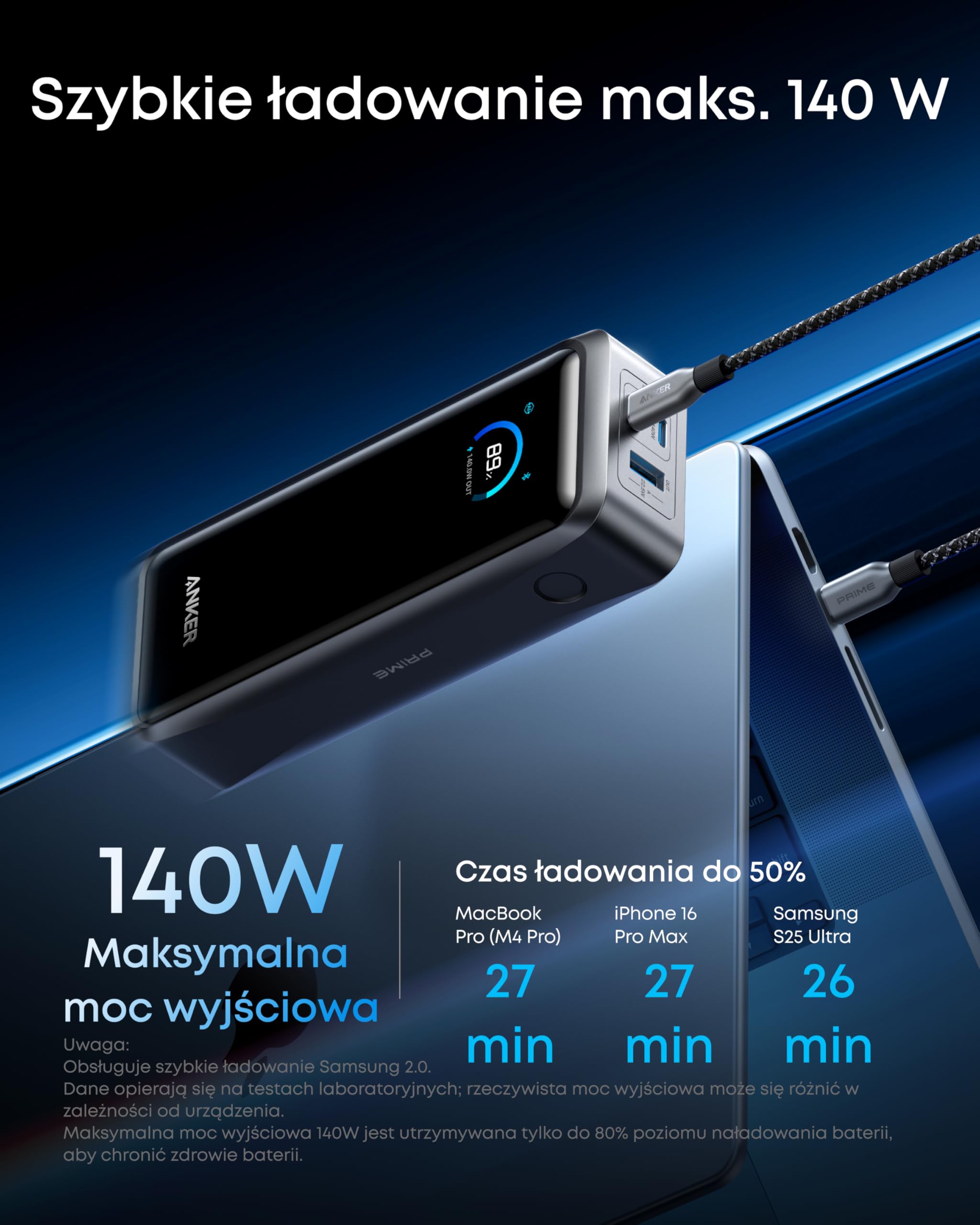 Anker powerbank Prime, 26250 mAh, 300 W, 3 porty, aplikacja | Pojemność 26250 mAh, 3 porty, przenośny, moc wyjściowa 300 W, do użytku w samolotach, aplikacja, szybkie ładowanie