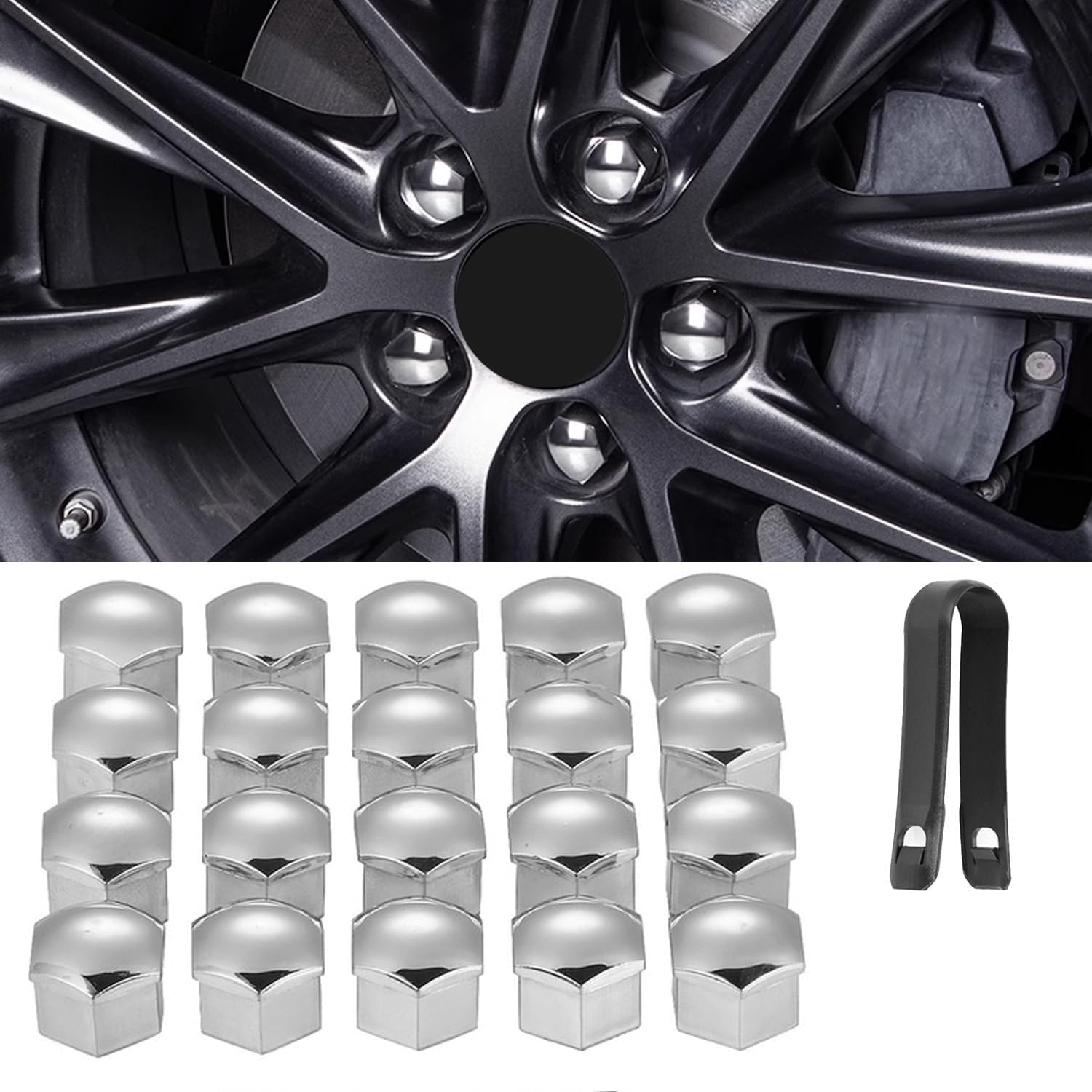 Tryagat 20Pcs Hexagonal Tire Nut Covers for Audi Q6 e-tron Sportback 2024 2025 2026, Caps Hub Screw Covers with Removal Tool Set Wheel Bolt Caps Hub Nut Protectors,Silver-17mm