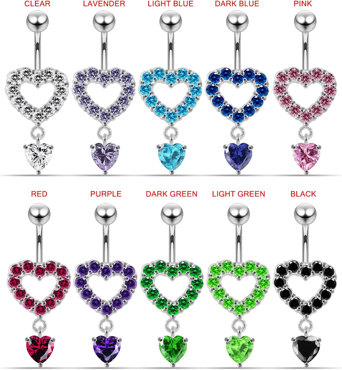 Stylish Studded Heart with Heart Gems Dangling Design 925 Sterling Silver with Stainless Steel Belly Ring - Belly Button jewelry - Navel jewelry