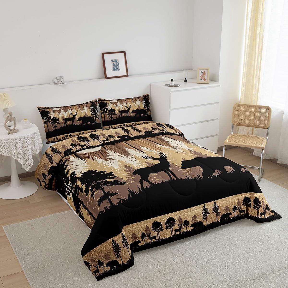 Feelyou Rustic Bear Deer Comforter Set Toddler Size, Wildlife Hunting Quilt Set with 1 Pillowcases, Western Cabin Farmhouse Bedding Set 2pcs for Kids Boys Teens Room Decor, Retro Country Duvet Insert