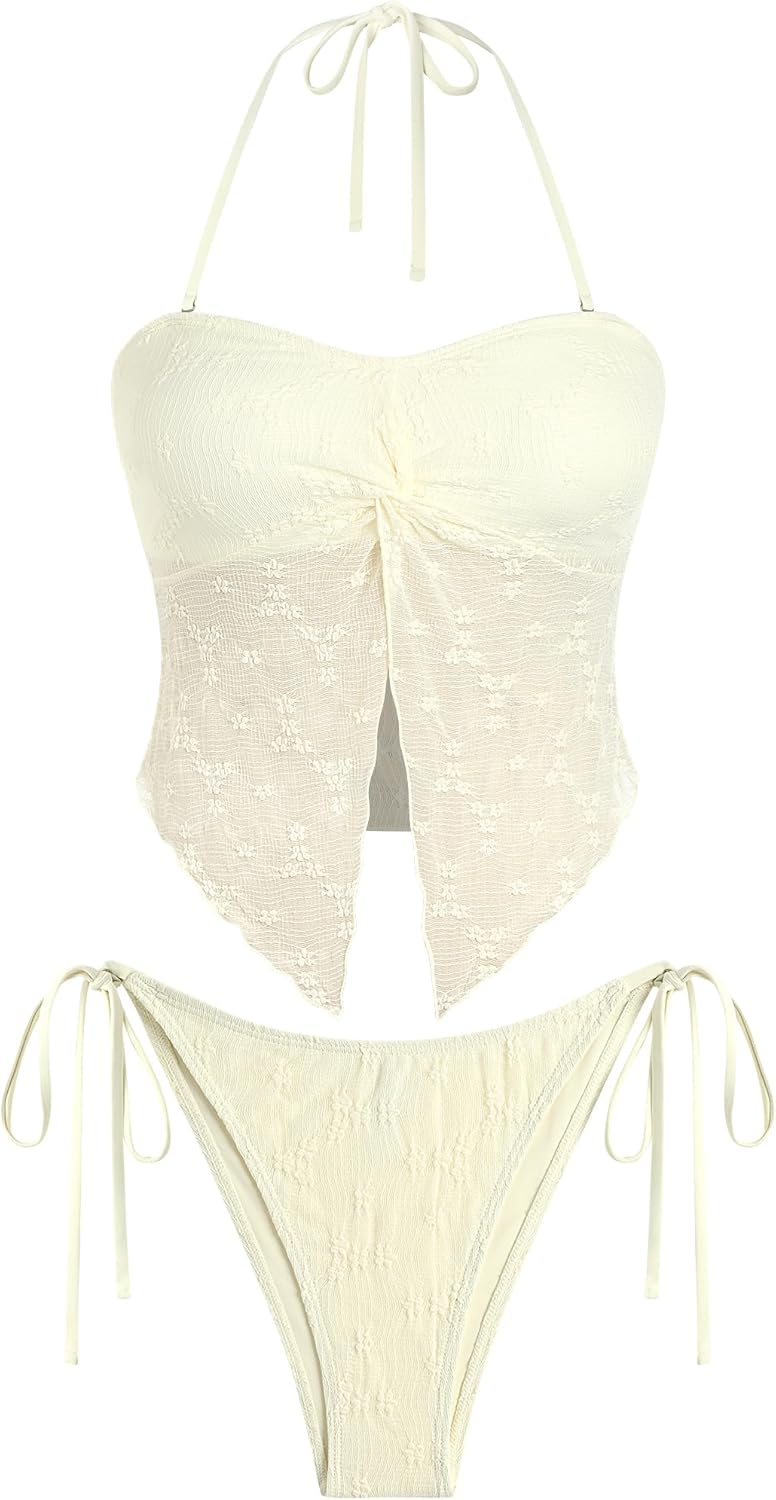 ZAFUL Floral Twist Bikini Set for Women Halter Tankini Tie Side String Swimsuit Two Piece Bathing Suit