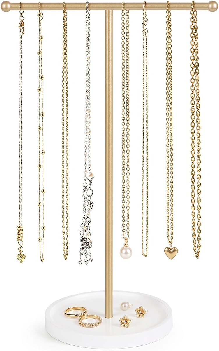 Mkono Necklace Holder Organizer, T-Bar Gold Jewelry Display Stand Wood Base | Bracelets & Earrings Storage Tower, Countertop Dresser Retail Tree Decor, Home or Vendors Metal Hanging Rack, Gift for Women