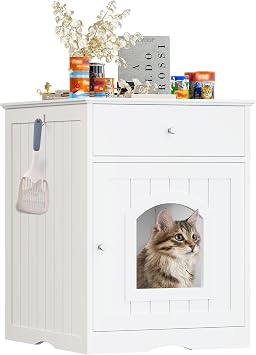 Litter Box Enclosure, Hidden Cat Litter Box Cabinet with Drawer, Wooden Pet Crate, Litter Box Furniture as Cat House, End Table, Fit Most of Litter Box White