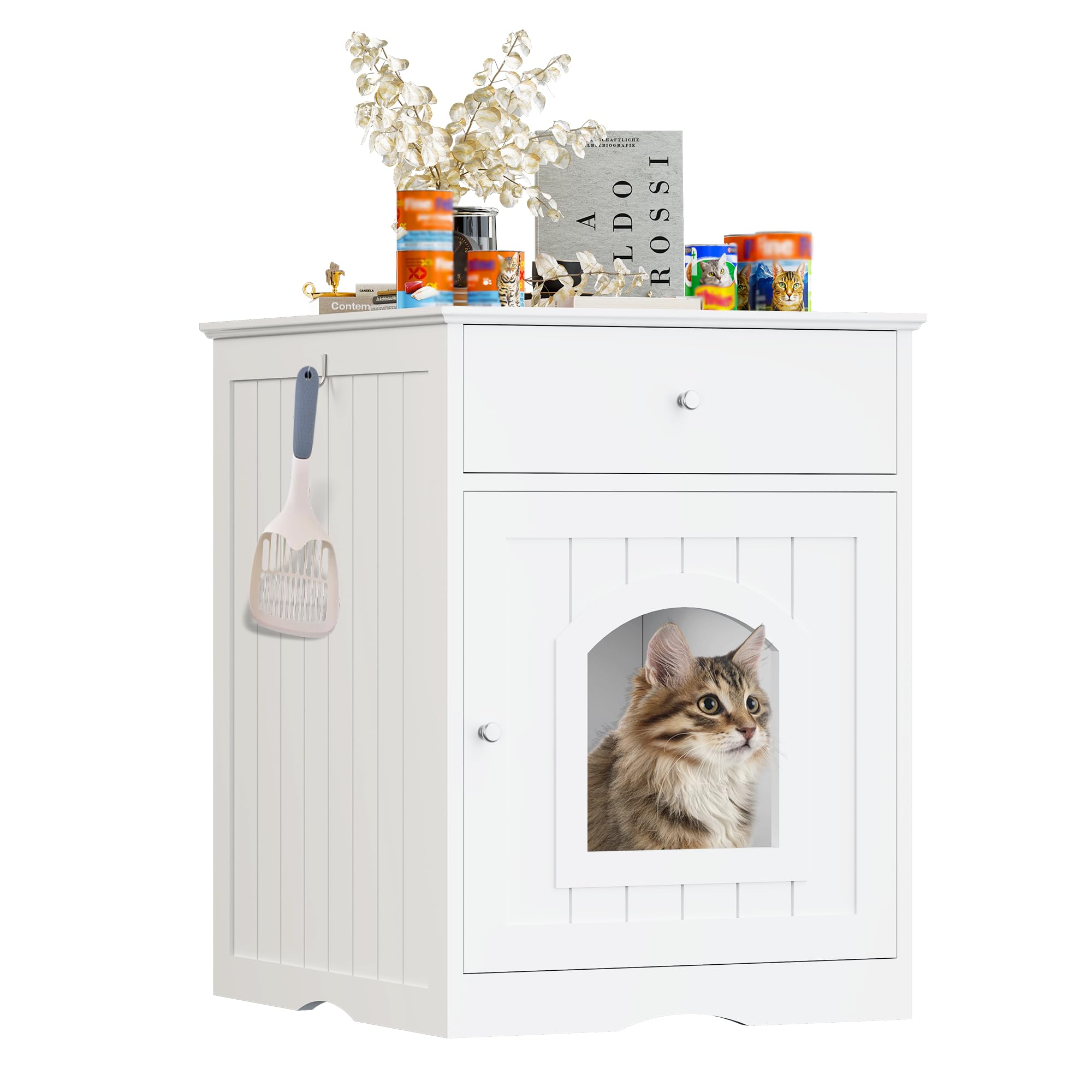 Litter Box Enclosure, Hidden Cat Litter Box Cabinet with Drawer, Wooden Pet Crate, Litter Box Furniture as Cat House, End Table, Fit Most of Litter Box (White)