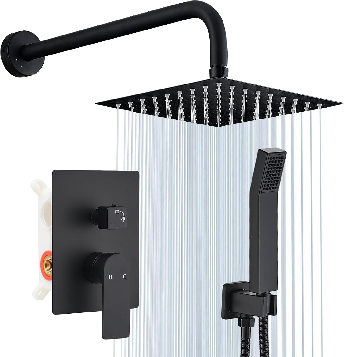 Shower Faucet Set Matte Black Shower System Knob Switch Diverter with High Pressure Handheld Spray Wall Mount 8 Inch Shower Head