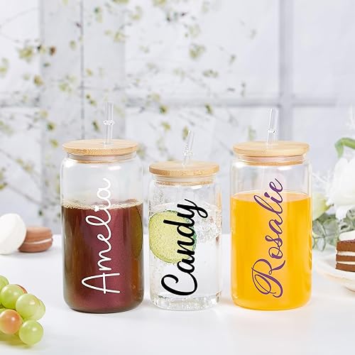 Miniatura 4 de Mostop Tazas de café helado personalizadas con tapas y pajitas, vidrio colorido, nombre personalizado y vaso de flor de nacimiento para ella, amiga,