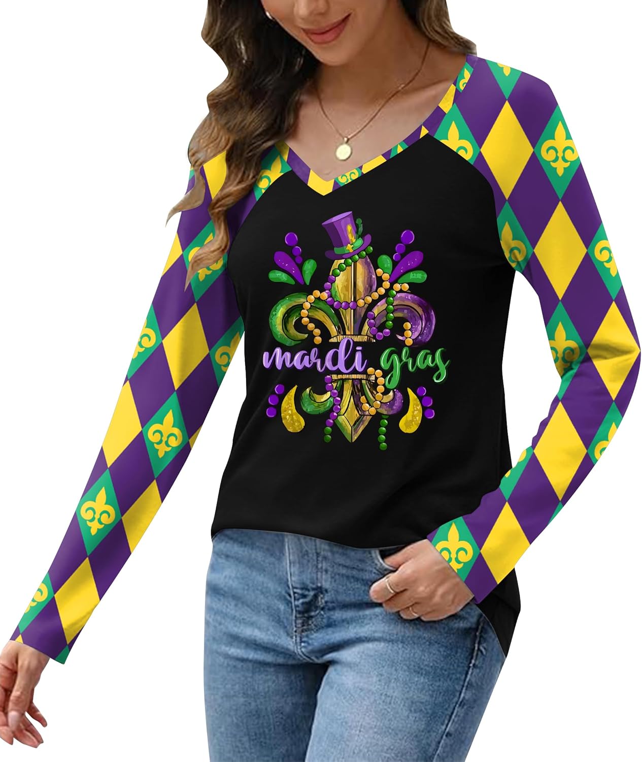 Mardi Gras Long Sleeve Shirts for Women: Funny Mask Graphic Tee Carnival V Neck Tshirt New Orleans Party Tops - Image 2