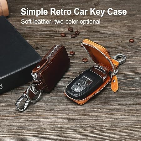 Porte-clés En Cuir Véritable PORRASSO - 6 Crochets + Porte-clés Voiture Détachable - Poche Cartes - Marron