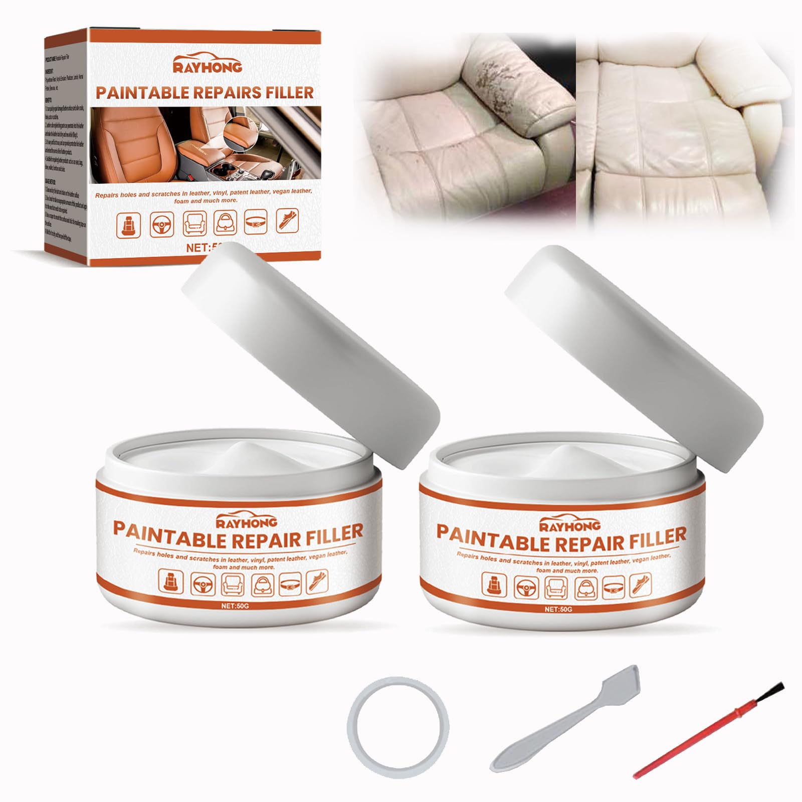 Leather Filler,Leather Crack Scratch Repair,Leather Filler for Filling or Repairing Holes,Car Leather Repair Kit,Leather Scratch Remover,Easy Step by Step Leather Repair Gel (2pcs)