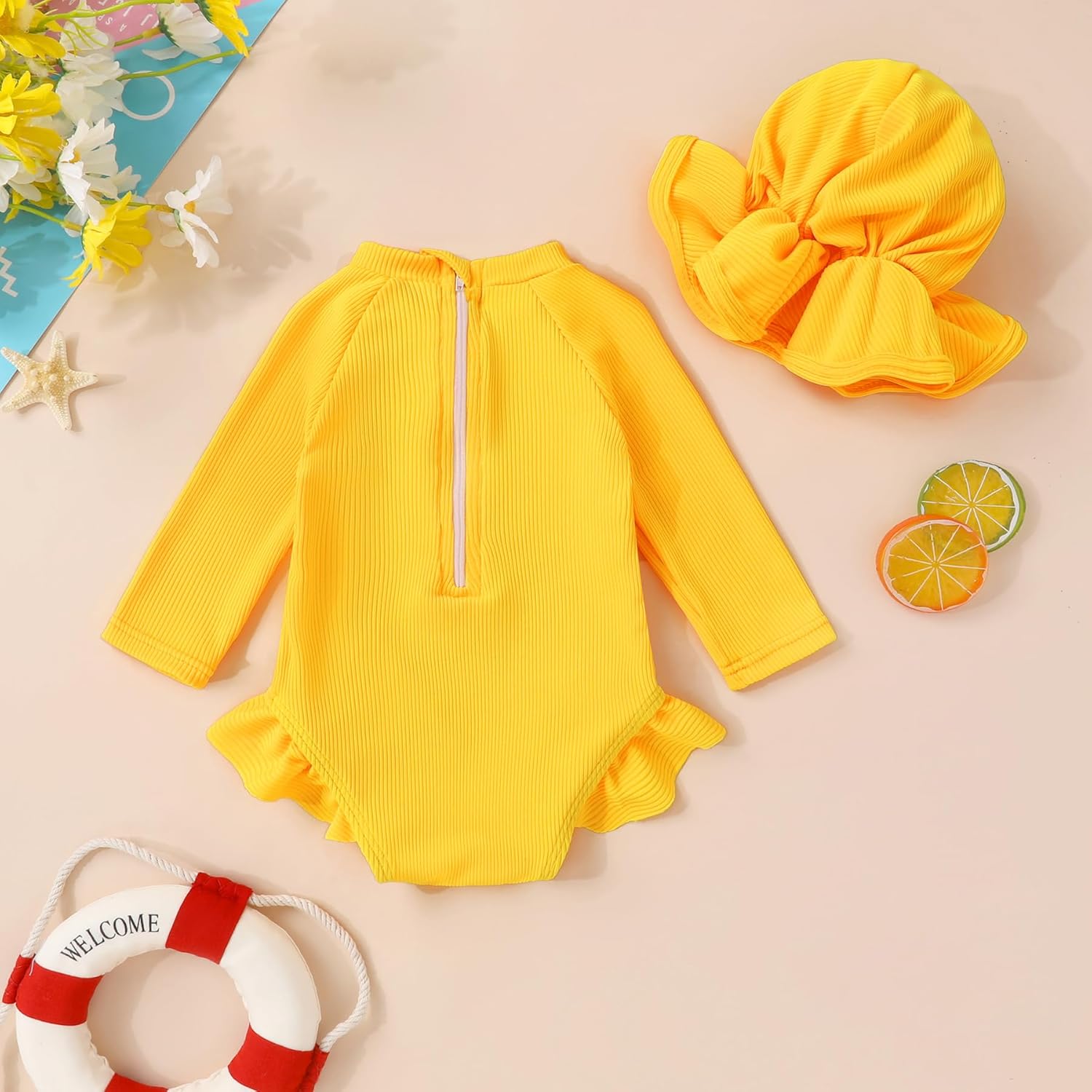YOUNGER TREE Infant Baby Girls Swimsuit Long Sleeve Swimsuits One Piece Swimsuit Solid Color Bathing Suit with Hat, UPF 50+ - Image 4