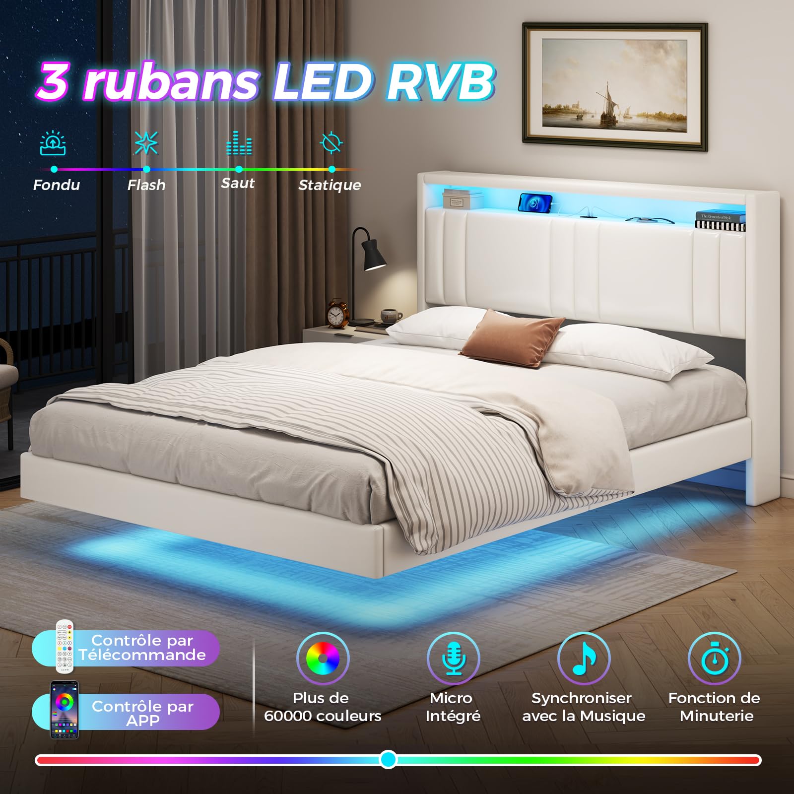 KIMENICH Lit 140x190 cm, Effet Flottant, Lits Double avec LED Réglable, Multiprise et Étagère Ouverte, Cadre de Lit avec Sommier à Lattes, Lits Flottant Rembourré, PU Blanc