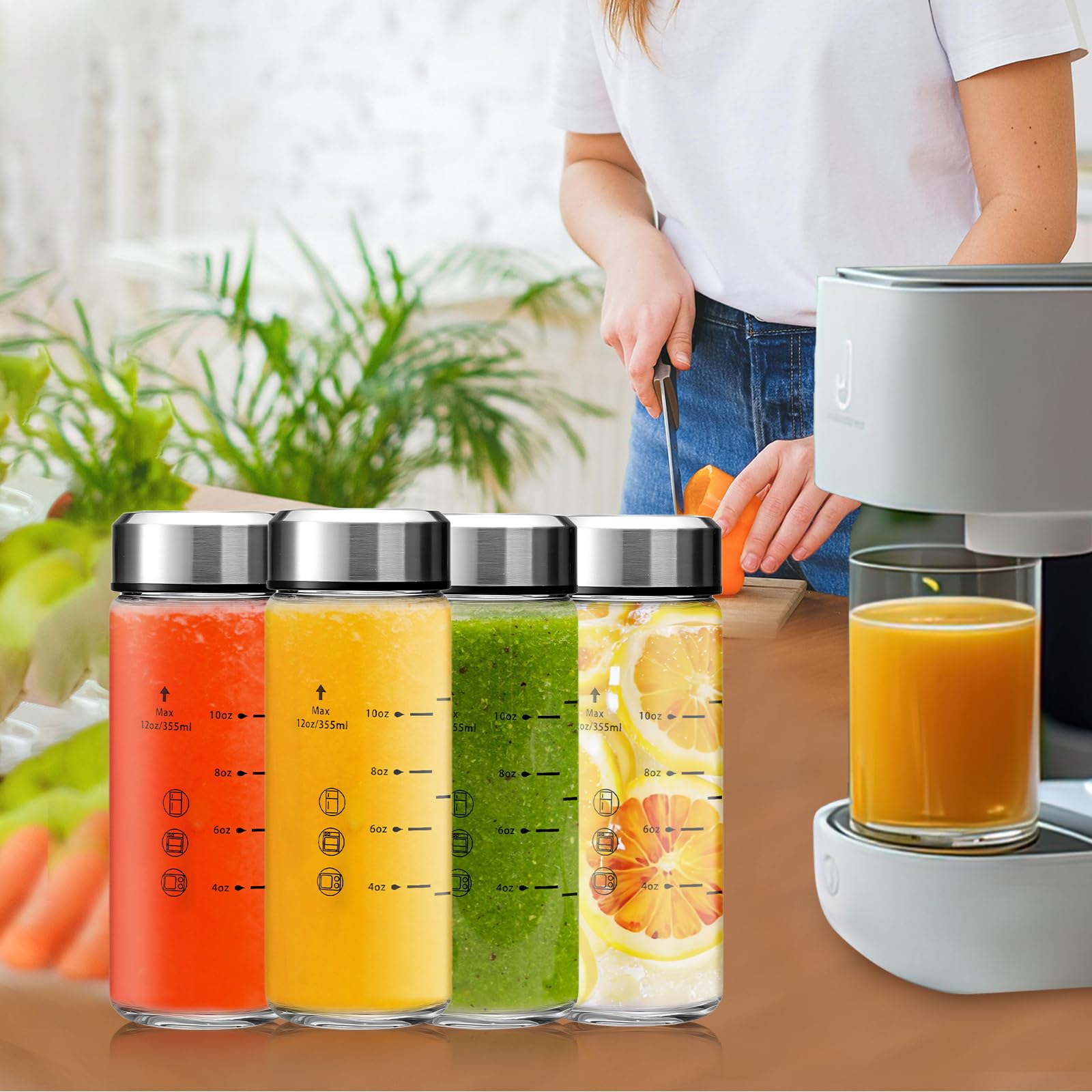 Szklane butelki na sok o pojemności 350 ml, 6 sztuk, szklane butelki z pokrywkami, bez BPA, pokrywki ze stali nierdzewnej do wyciskania soku, smoothie, podawanej wody, przechowywania napojów,