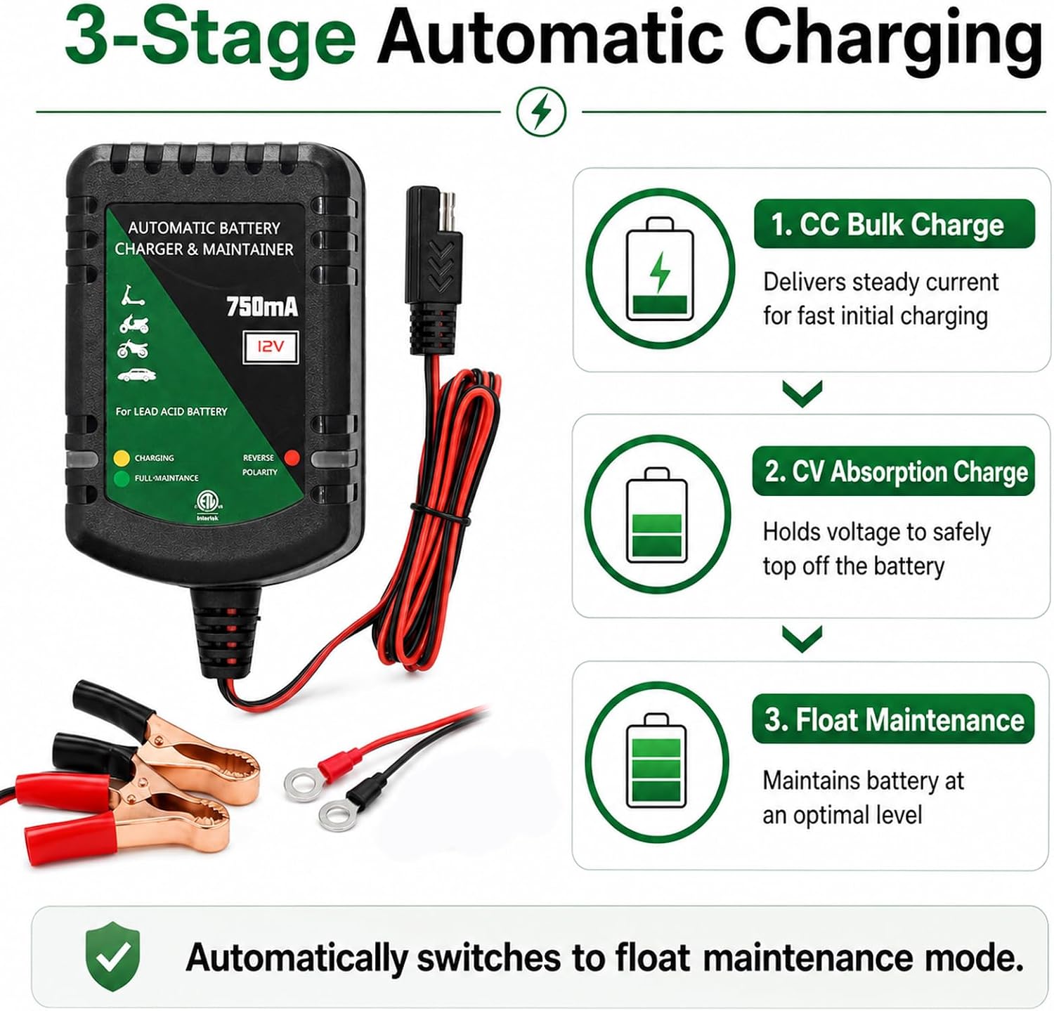 Unocho 12V Battery Charger 750mA Automatic Trickle and Float Maintainer for Lead-Acid Batteries, SAE Quick Disconnect with Clips and Ring Terminals for Motorcycle, Car, ATV, Boat, Lawn Mower