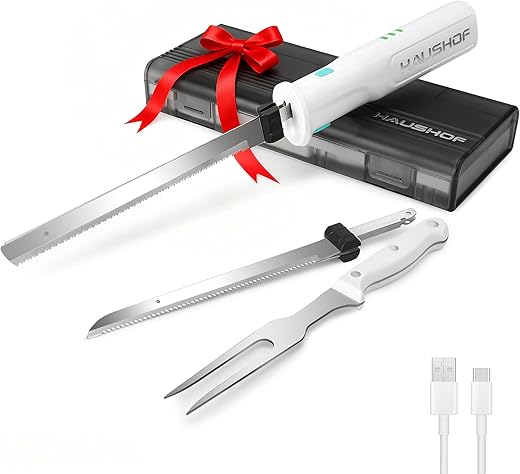 HAUSHOF Cordless Electric Carving Knife Set - 8V Rechargeable with 2 Stainless Steel Blades & Fork - Essential for Thanksgiving...