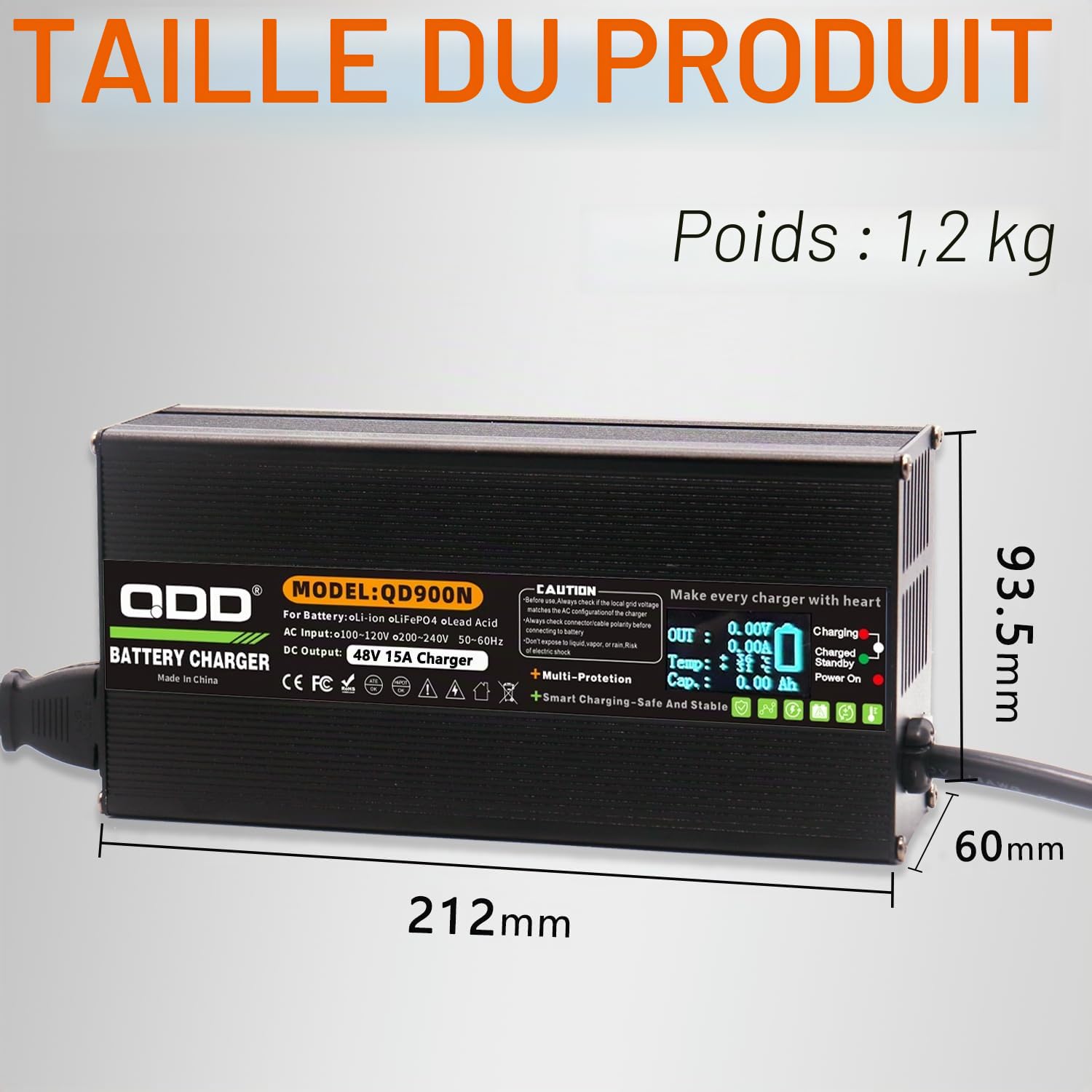 QDD Club Car Chargeur de batterie 48 V 15 A pour chariot de golf 48 V avec affichage numérique, prise ronde à 3 broches