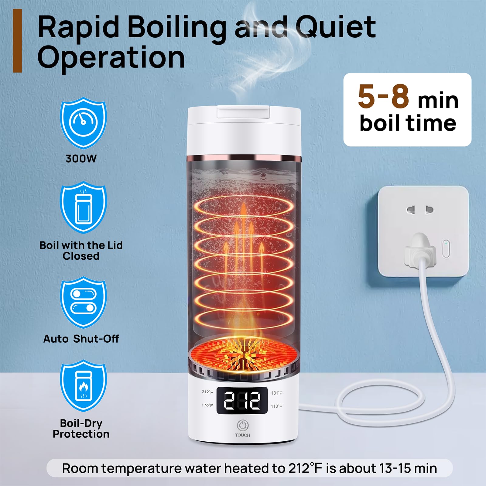 Tetera eléctrica portátil de viaje para café, mini taza de agua caliente, 450 ml, acero inoxidable, color blanco