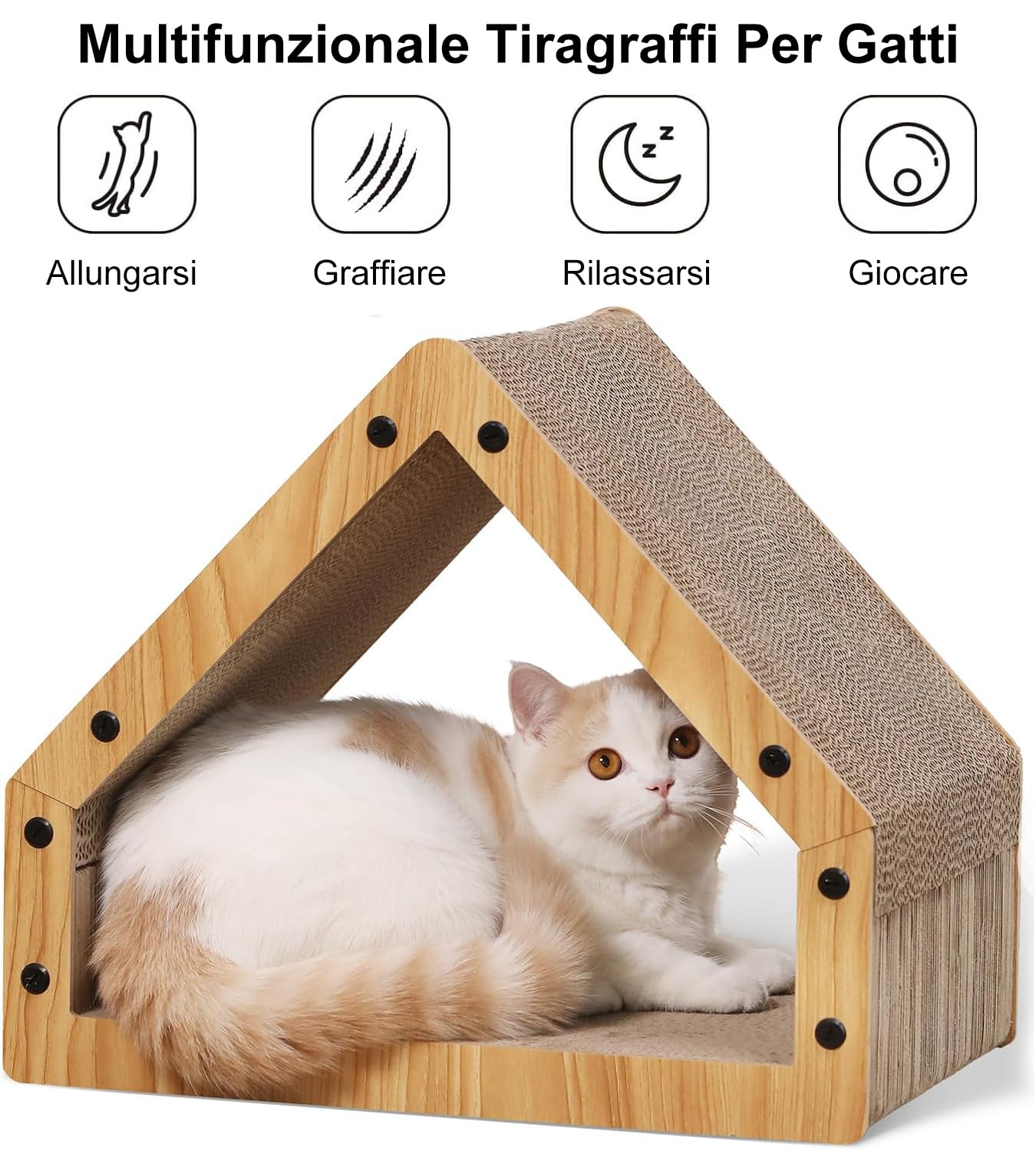 FUKUMARU Tiragraffi Per Gatti, Tiragraffi A Forma Di Casa Extra Lungo 41 cm Per Gatti, Tiragraffi In Cartone,Lettino Giardino,Carico Massima Di 10 KG, Grande,Divertente.