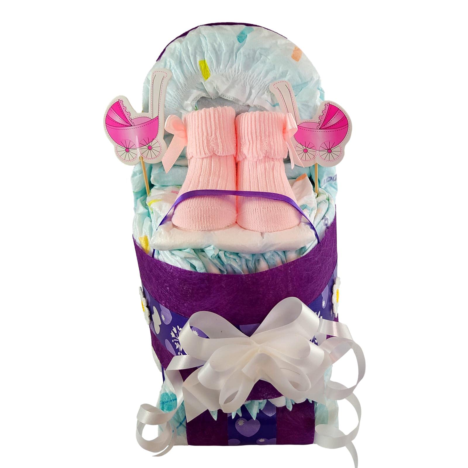 Torta di Pannolini Carrello per Ragazza Viola, 31 Pezzi, 1 Unità, Size 3, Rosa o Bianco, Decorazione con Fiori e Nastro, Regalo Perfetto per Coppie in Attesa di un Figlio
