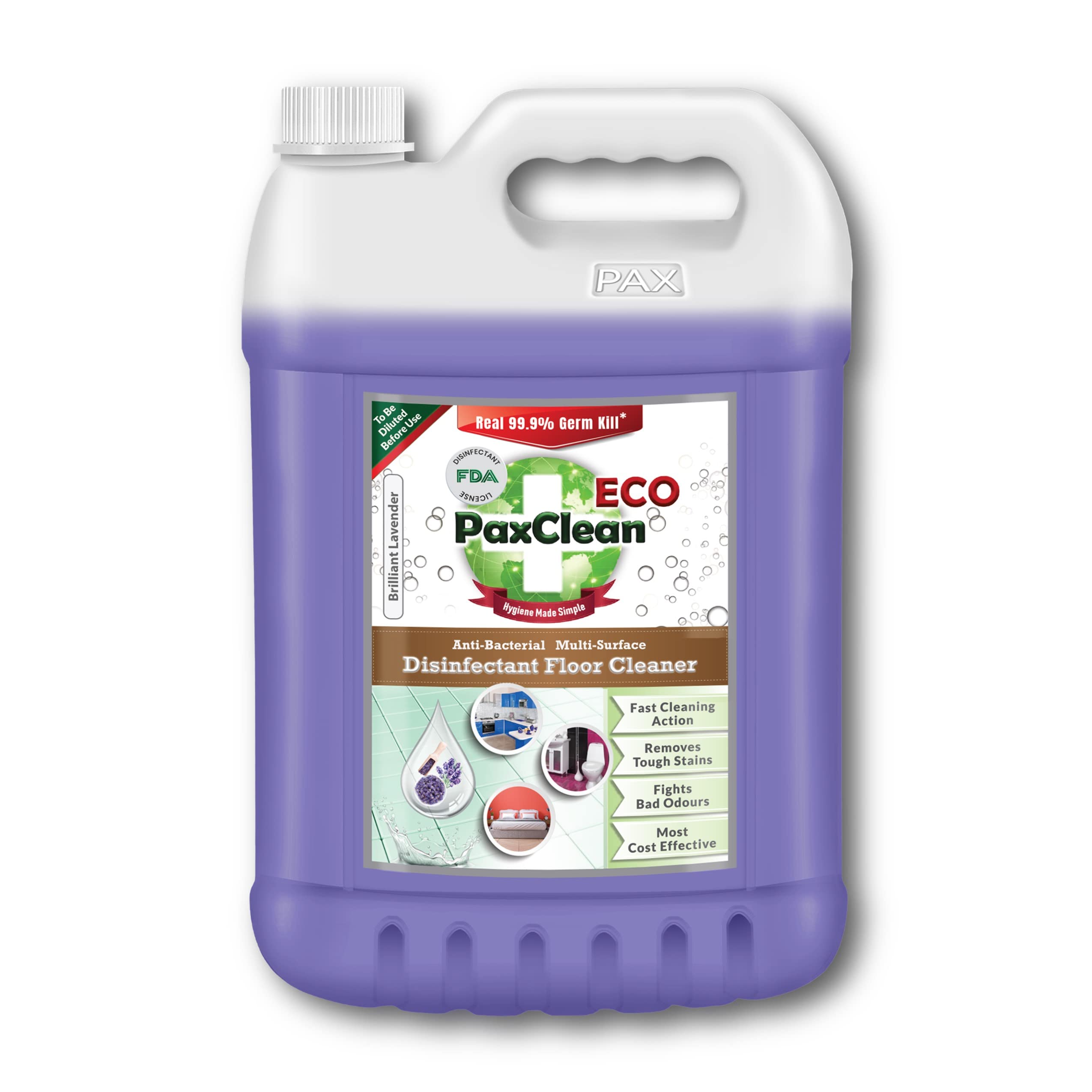 PaxClean Economical AntiBacterial Floor & Surface Cleaner | Multi-Use Disinfectant with 99.9% Germ Kill | Deep Cleaning | 5L - Brilliant Lavender