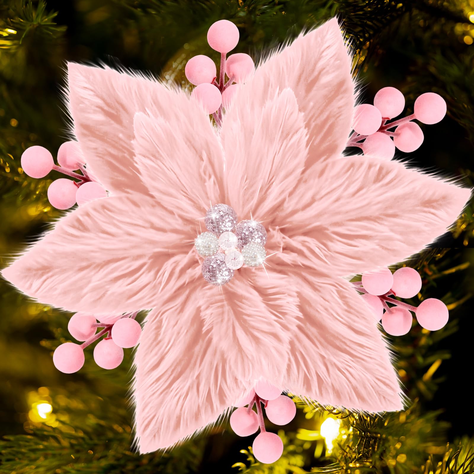 6 púas de árbol de Navidad artificiales de terciopelo rosa, flores de Pascua de Navidad, tallo de Navidad, flores de Pascua de felpa con clips y patrón de búfalo de bayas, adorno para decoración de