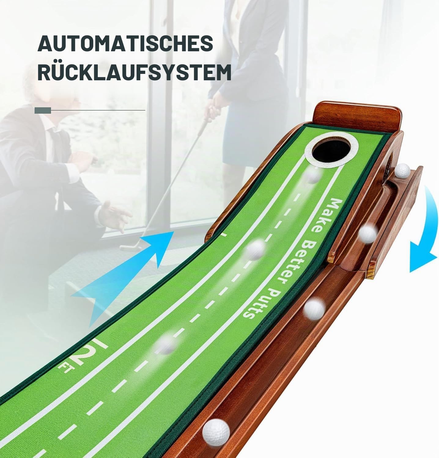 Putting Matte – Indoor Putting Green mit Ballrücklauf, Minigolf für Zuhause, Trainingshilfe für Golfspieler, kompakt & rutschfest, ideal für Heim & Büro Golftraining
