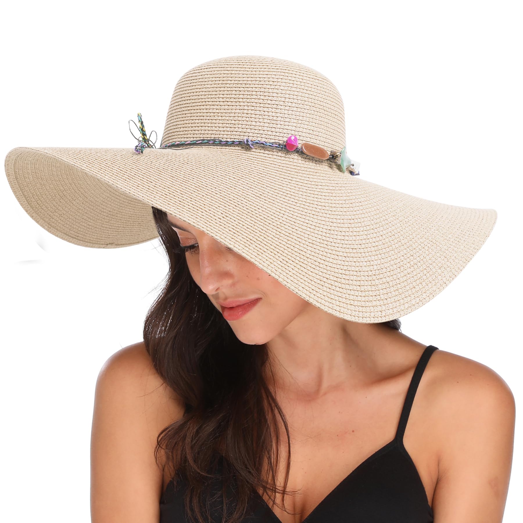 Lanzom Womens Wide Brim Straw Hat Big Floppy Foldable Roll up Cap Beach Sun Hat UPF 50+