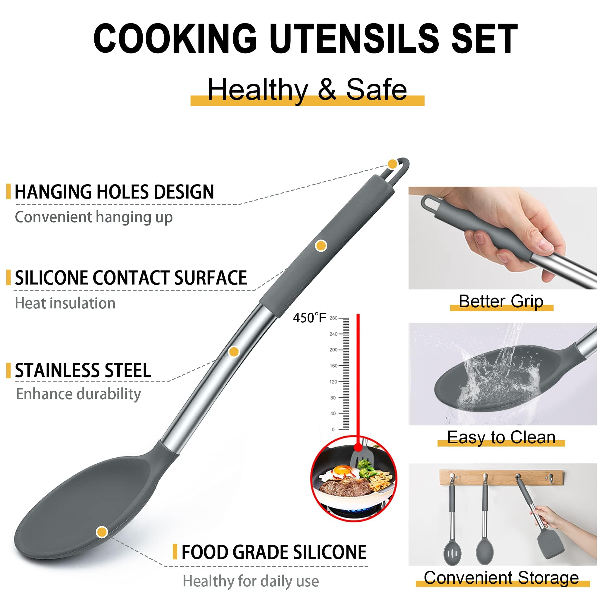 E-far - Set di utensili da cucina in silicone, 30 pezzi, con supporto, resistente al calore, spatole da cucina, mestolo per pentole antiaderenti, manico in acciaio inox (grigio)