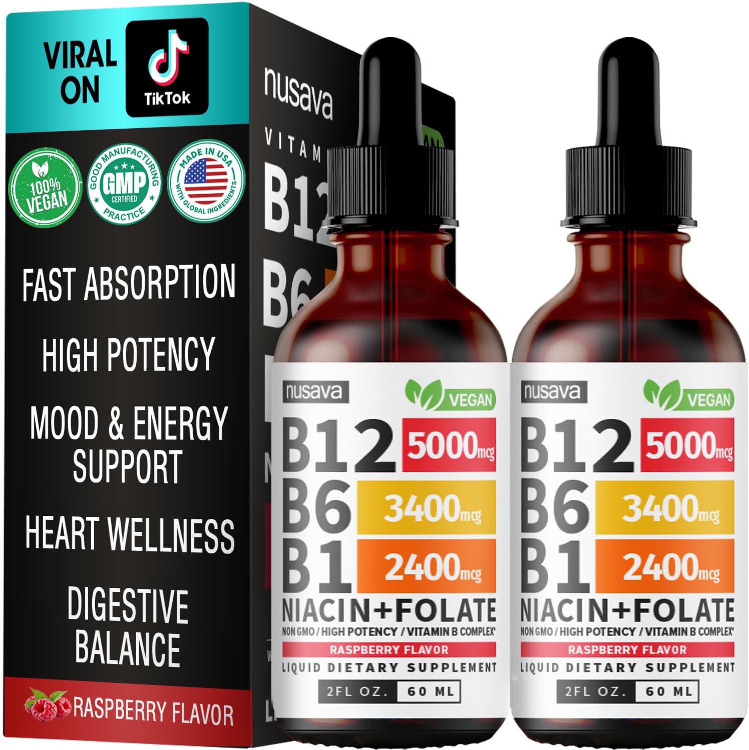 (2 Pack) Vitamin B12 and B6 Liquid Drops, B12 Sublingual Vitamin B Complex – B 12 Vitamin 5000mcg – B12 Methylcobalamin for Energy, Brain, and Heart Support with 27,200 mcg, Raspberry, 80 Servings (2 Pack) Vitamin B12 and B6 Liquid Drops, B12 Sublingual Vitamin B Complex – B 12 Vitamin 5000mcg – B12 Methylcobalamin for Energy, Brain, and Heart Support with 27,200 mcg, Raspberry, 80 Servings