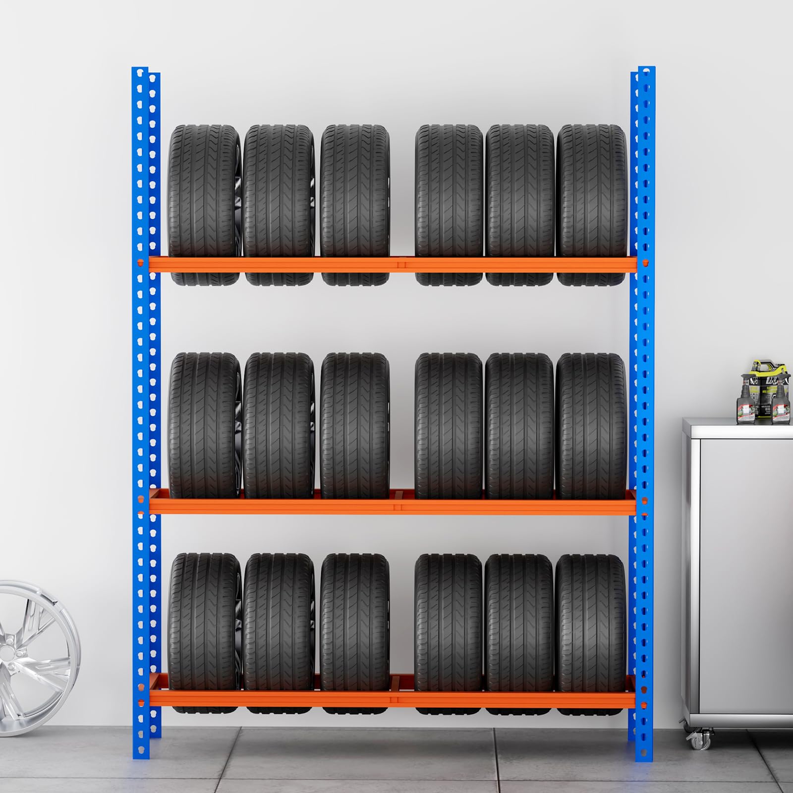 VEVOR Scaffale Porta Gomme Auto a 3 Ripiani, Fino a 18 Pneumatici Standard, Supporto Pneumatici per Impieghi Gravosi SPCC-SD con Spaziatura Regolabile per Garage e Officina, capacità di Carico 300 kg