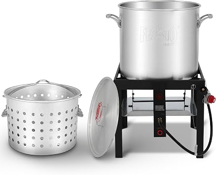 Feasto 100 QT Seafood Boil Pot with Basket and Burner, Aluminum Seafood Boil Pot and Burner Kit with 100,000 BTUs Output and 10 PSI Regulator for Cooking Crawfish, Shrimp, Crab, CSA Certified