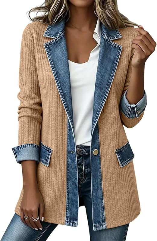 Jean Jacket for Women Trendy Ribbed Blazer Denim Patchwork Work Casual
