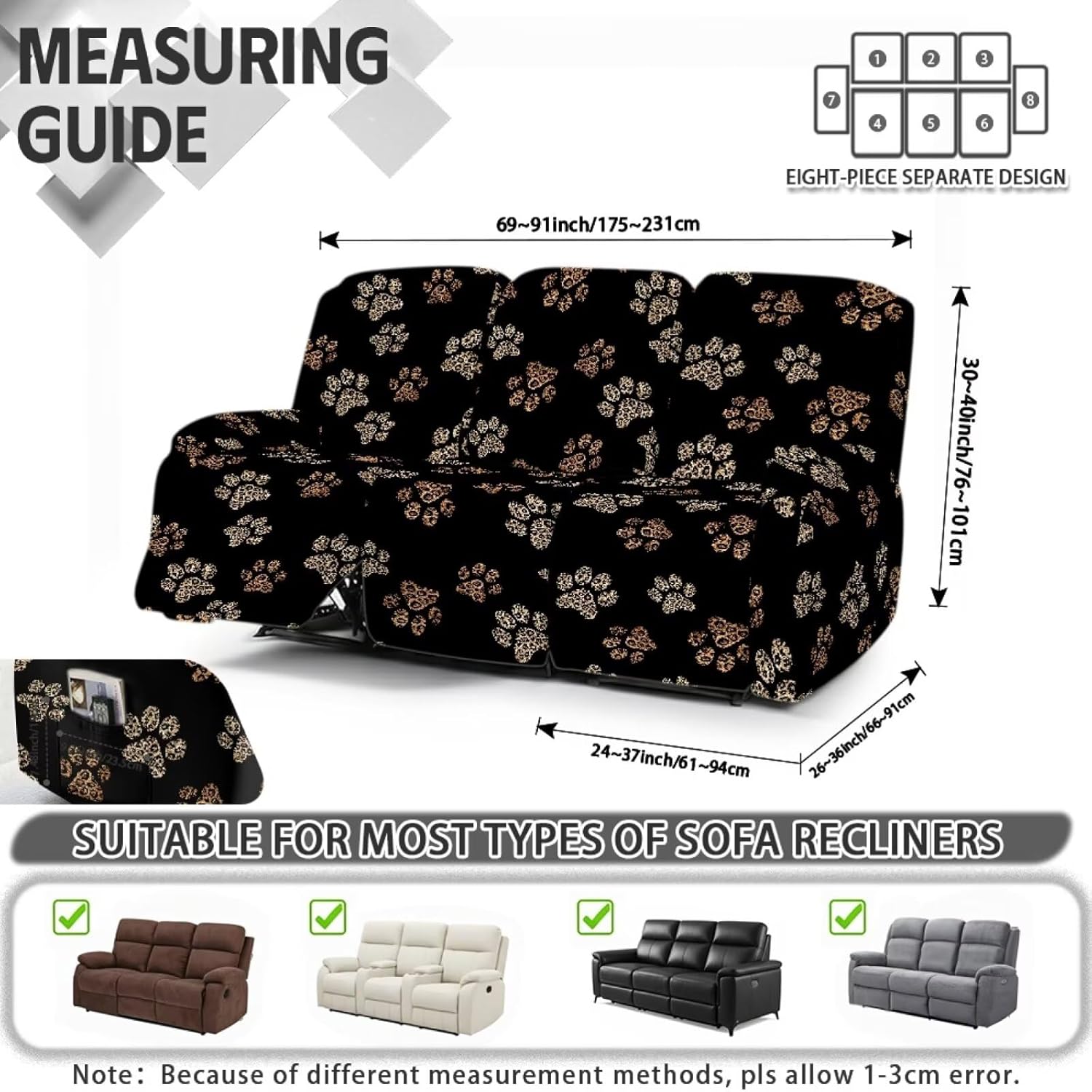 Dust Proof Recliner Chair Cover with Pockets, 3 Cushion Recliner Couch Cover with Side Pocket, Stretchable Soft Reclining Sofa Slipcover for Kids Pets, Paw Print Black
