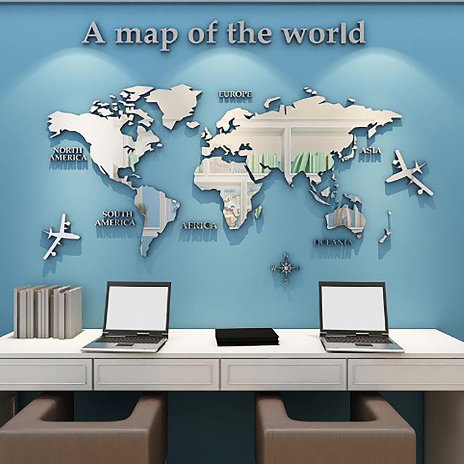 Tefola 3D Mirror Flower Wall Sticker, Acrylic Wall Stickers 3D World Map Wall Mirror Sticker for Office Study Living Room Bedroom Silver
