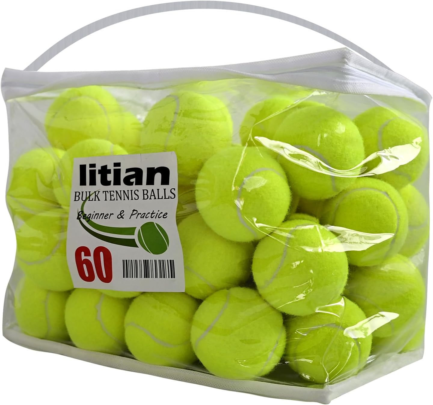 LITIAN Bulk Tennis Balls with Hopper Bag - 60 Pack Bucket High Elasticity Pressureless Practice Tennis Balls, Perfect for Training & Pet Dogs Play