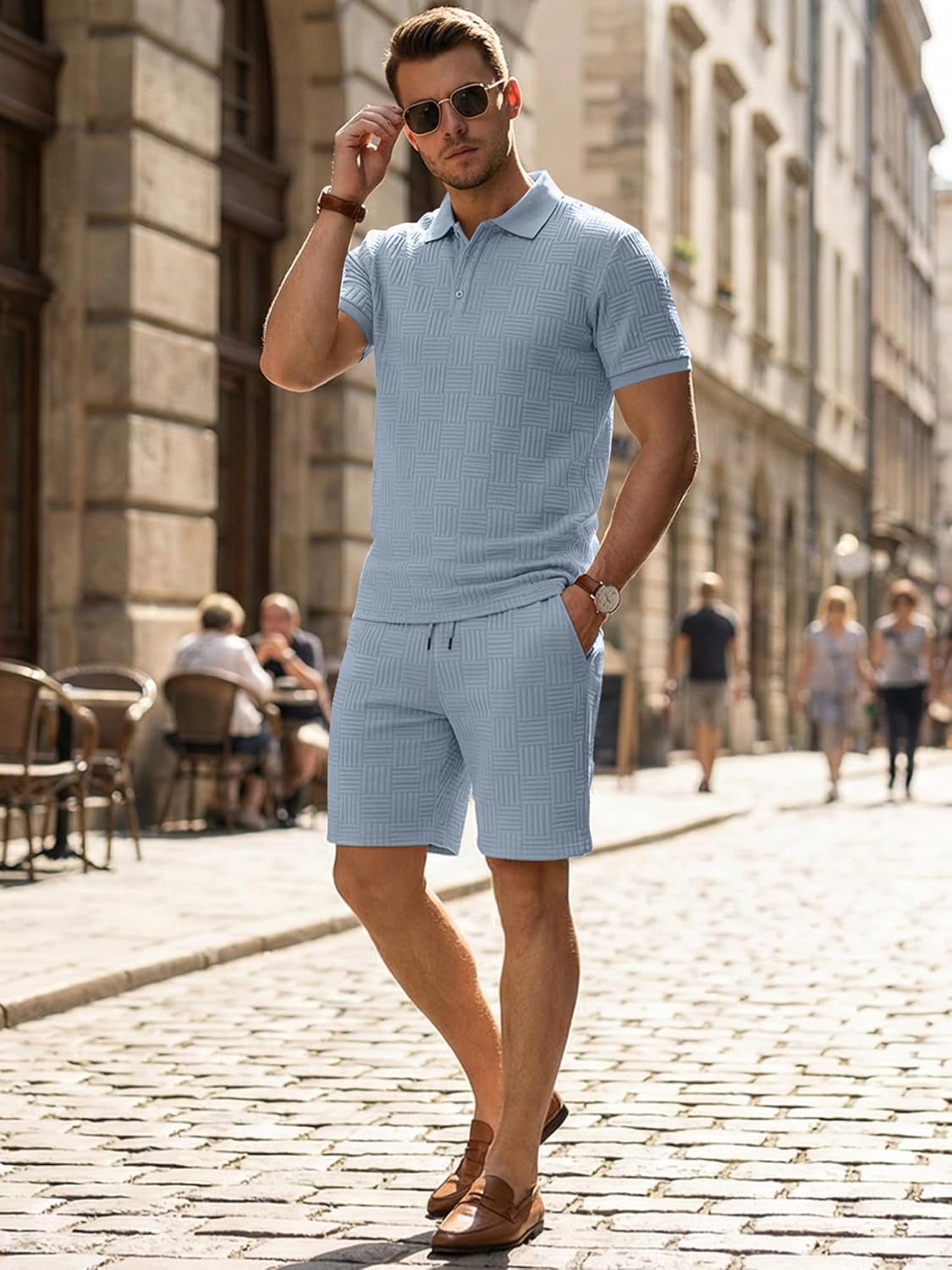 JMIERR Mens Sweatsuits Sets Summer Tracksuits 2 Piece Outfits Textured Short Sleeve Golf Polo Drawstring Short