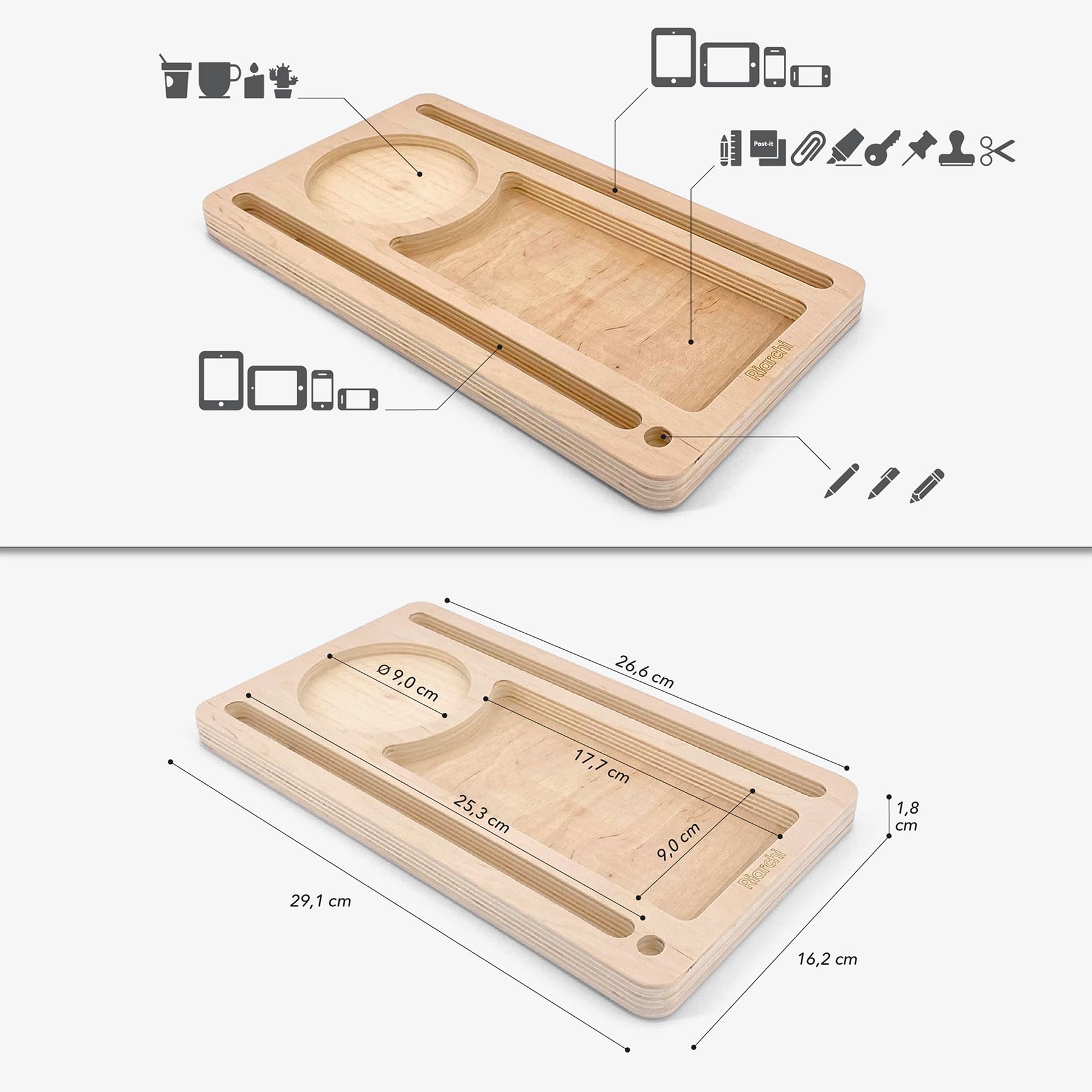 Riarchi PAD - Desk organizer, Portaoggetti Multifunzionale in Legno, Portapenne da Scrivania, Organizzatore Cancelleria, Pad - Phone, Tablet & Smartphone Stand, Arredo Ufficio (Natural Wood)