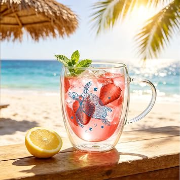 Top-spring Set of 4 Double-Walled Glass Coffee Cups with Sea Motif 350 ml Latte Macchiato Glasses with Handle Insulated Glass Cups for Coffee Tea Cappuccino & Espresso