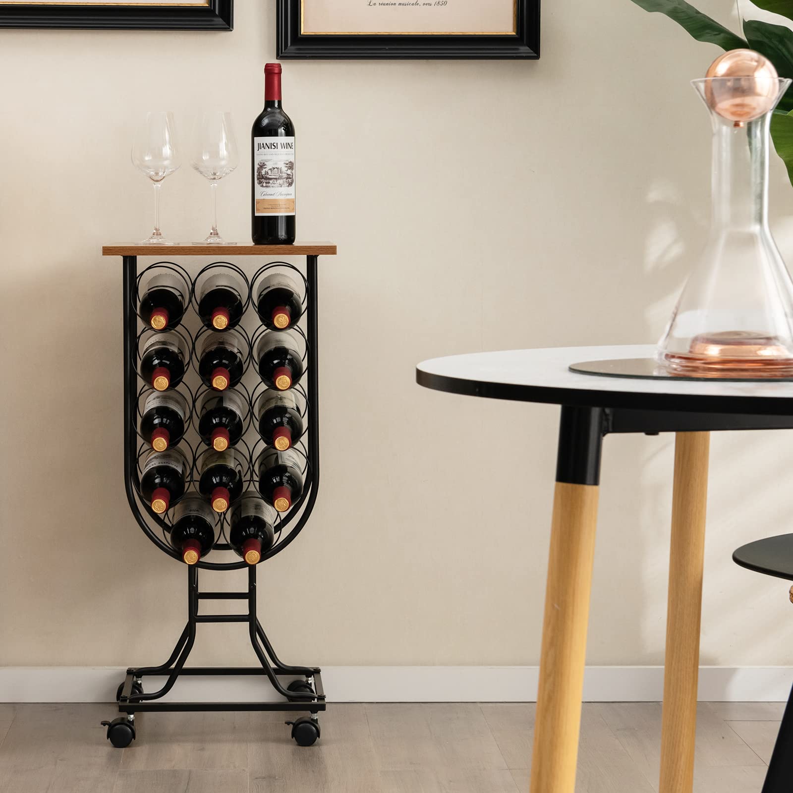 COSTWAY Portabottiglie per Vino con Ruote Staccabili e Bloccabili, Cantinetta Vino Stile Rustico per 14 Bottiglie, con Piano in Legno e Struttura in Metallo, Mobile Bar per Soggiorno e Cucina