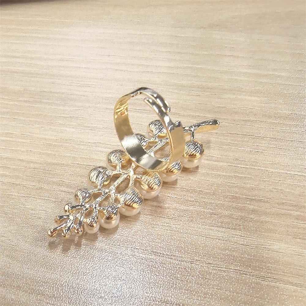 Dtja Long Shell Pearl Leaf Statement Ring for Women Gold Plated Elegant Adjustable Expandable White Ball Open Wide Wrap Finger Rings Comfort Fit Wedding Prom Cocktail Party Jewelry - Image 6
